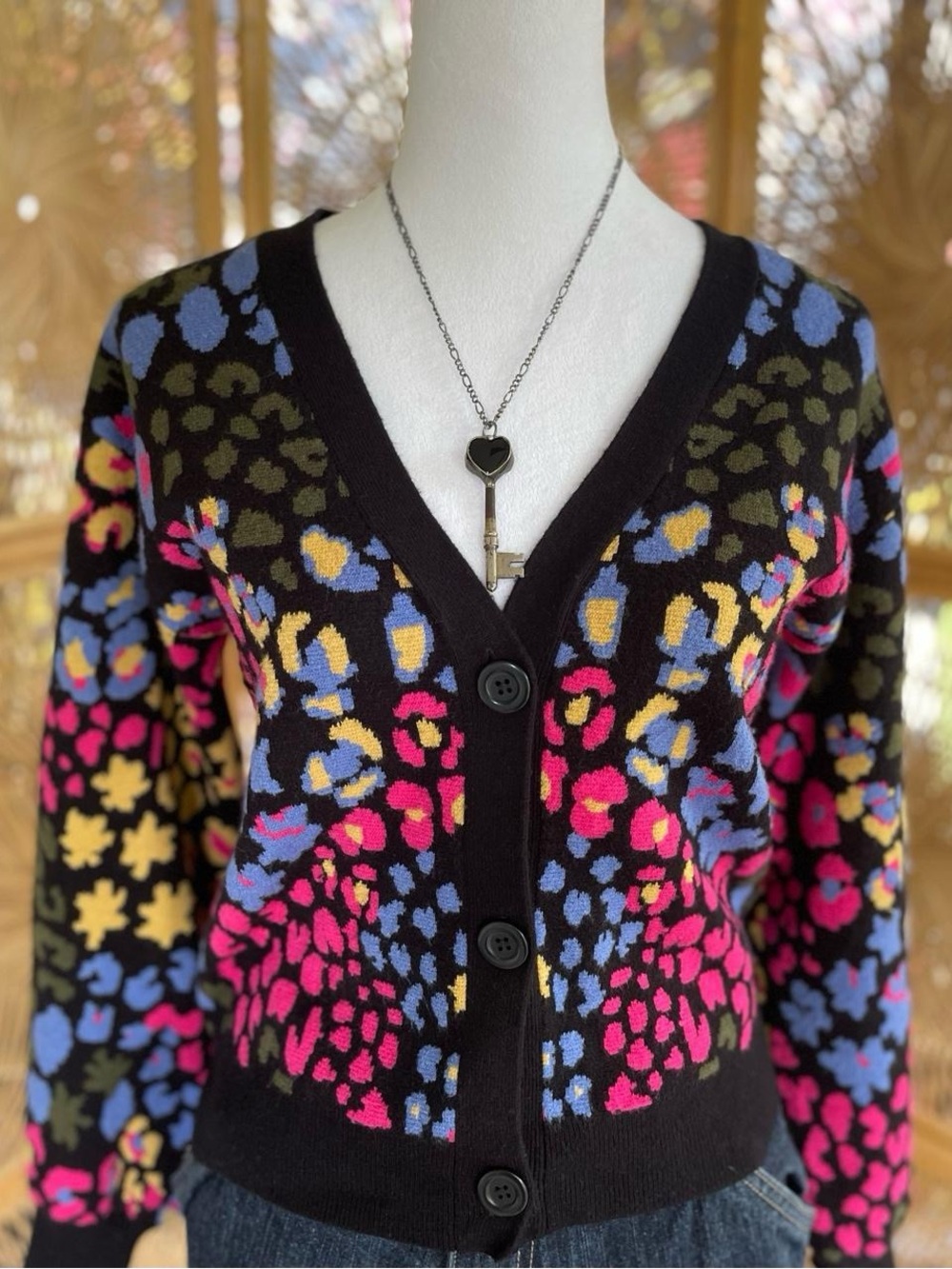 Willow & Wind Whimsy Colorful Abstract Floral Leopard Cardigan Sweater Black S
